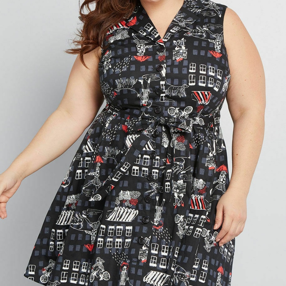 Sleeveless Black Print A-Line Dress with Tie Waist